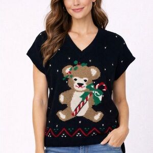 Bechamel Vintage Women Size S Wool Blend Teddy Bear Christmas Black Sweater Vest
